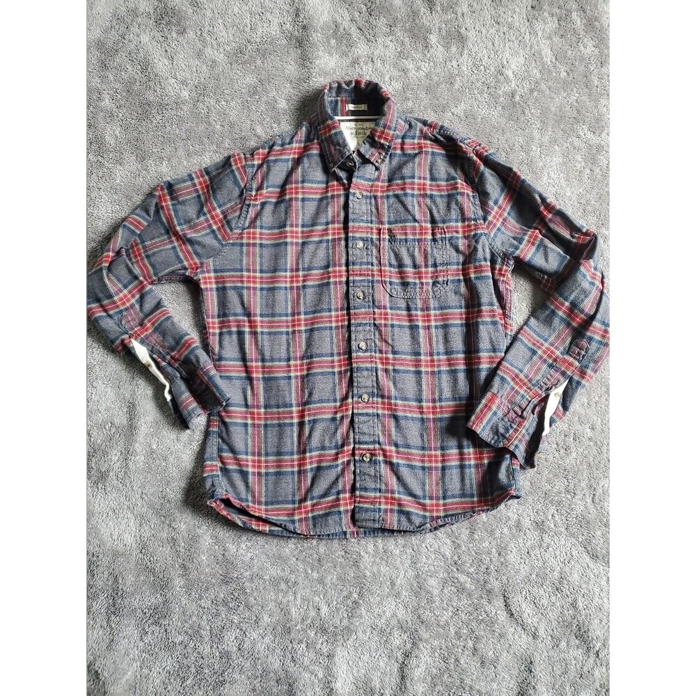 Abercrombie & Fitch Men's Large Muscle Fit Plaid Flannel Shirt Navy Red